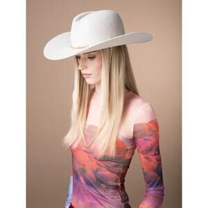 Gladys Tamez Camille Western Hat Felt Velour Gold Chain Pearl Alabaster Size L
